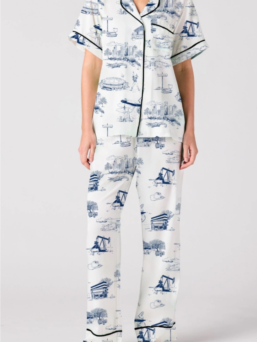 Katie K White Pajama Pants with Blue Toile Print